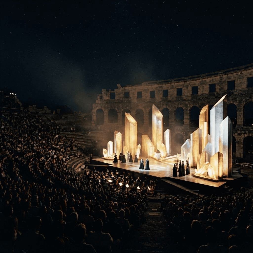 OperaAtlas editorial imagery — a luminous contemporary staging beneath a starlit amphitheatre